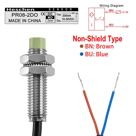 Inductive Proximity Sensor M8 Cylindrical Switch PR08 2DO 2 Wire Normally Open DC 12 24V 2mm Sensing Distance Non Shielded CE Industrial Detector for Automation and Machinery, stainless steel M8 threaded body