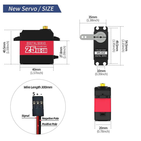 Heavy Duty 25Kg Digital Servo Motor dimensions and wire connections, featuring high torque PWM, 25T horn, and precise potentiometer.