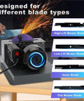Solid Build Lawn Mower Blade Sharpener With 9 Inch Grinding Disc And 1Hp 750W Motor for sharpening various mower blade types like High-Lift and Flat.