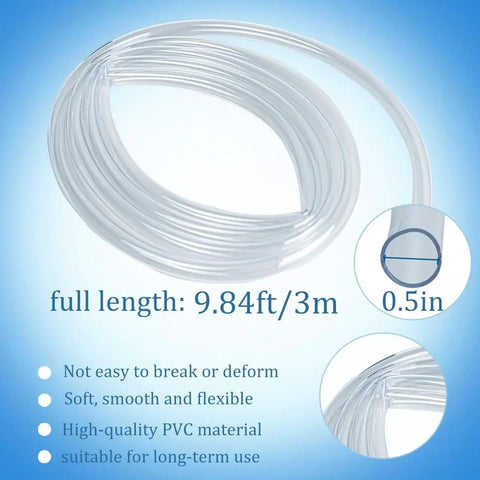 Coiled clear hose with measurements marked, made from soft PVC, showing flexibility and durability for AC drainage use.