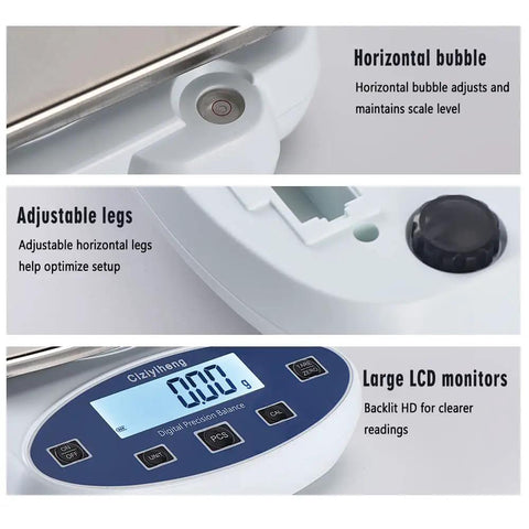 Pro Grade High Precision Lab Scale Balance Digital Analytical Scale 5000g Capacity With 0.01g Readout, close-up of display and bubble level