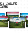 Launch Monitor Golf Simulator And Swing Trainer With Shot Tracker For Home And Driving Range showing simulated courses on screens.