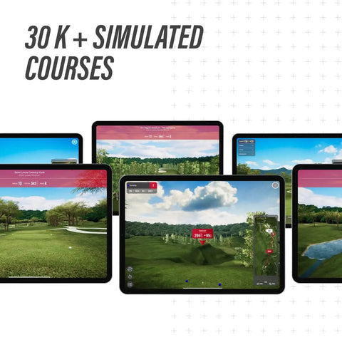 Launch Monitor Golf Simulator And Swing Trainer With Shot Tracker For Home And Driving Range showing simulated courses on screens.