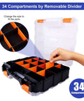 Double Sided Parts Organizer With Removable Dividers, 34 Compartment Storage Bins with clear lid and adjustable sections