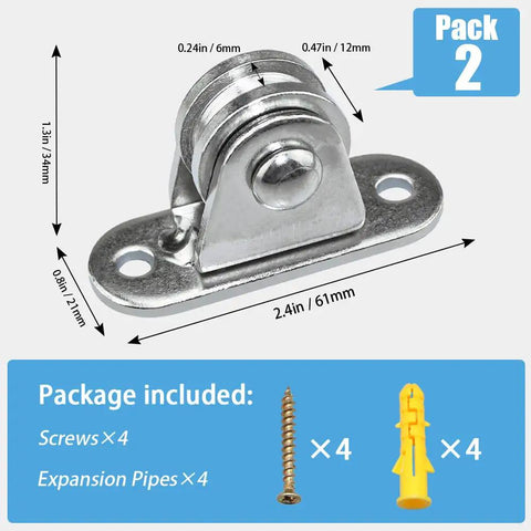 Beefy Heavy Duty Fixed Pulley Block Wheel Set For Cord Handling Silent Wall Or Ceiling Mount Pulleys 176 Lb Load Capacity