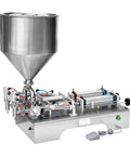 Pneumatic Liquid Paste Bottle Filler, 40L Stainless Steel Hopper, Double Head Horizontal Dispenser with piping details.