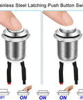Close-up of Three Pack 12mm Prewired High Head Waterproof Latching Push Button Switch, stainless steel, for industrial DIY.