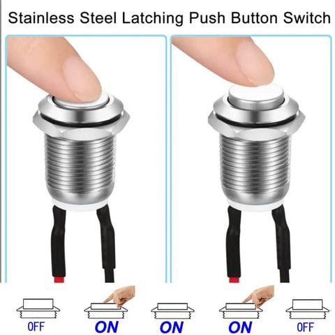 Close-up of Three Pack 12mm Prewired High Head Waterproof Latching Push Button Switch, stainless steel, for industrial DIY.