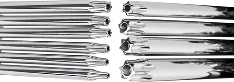 Close-up of chrome vanadium rails from Tamper-Proof Folding Star Key Set 10 Pieces T-6 To T-30 With Corrosion-Resistant CR-V Steel