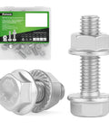Premium M5x12mm Flange Hex Bolts And Nuts Kit Featuring 304 Stainless Steel Metric Screws 20 Pack in a clear case with screws and nuts.