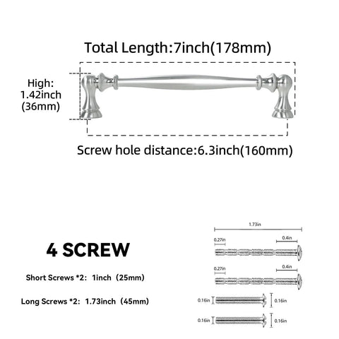 Diagram of 10 Pack Six And A Quarter Inch Brushed Satin Nickel Sleek Cabinet Handles Zinc Alloy Drawer Pulls dimensions and screws