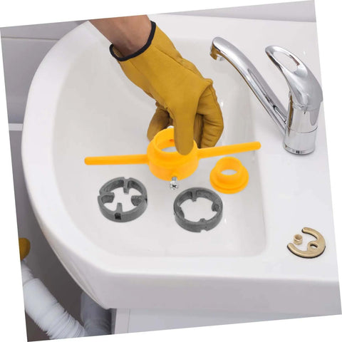 Person using Two Piece NPT Threading Tool Kit for Home Garage DIY ABS Threader Die Set on sink with tools in view