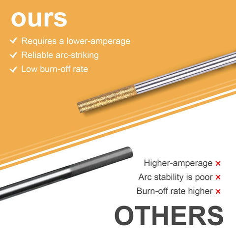 Comparison of Gold Tip Lanthanated TIG Tungsten Electrodes 1.6mm X 175mm Ground Finish vs others, showing benefits like lower amperage.