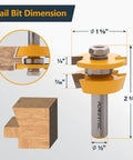 Killer Cut Shaker Cabinet Door Rail And Stile Router Bit Set Two Piece Kit dimensions showing cutter details and woodcut sample.