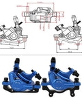Heavy Duty Aluminum Alloy Mechanical Disc Brakes Front Rear Set For Mountain Bikes Hella Smooth Two Way Piston Action Stops On A Dime Blue Color Slick Setup side view and technical drawings