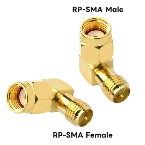 90 Degree Reverse Polarity SMA To RP-SMA Right Angle Coax Adapter 50 Ohm 2 Pack Gold Plated Copper, Male and Female Connectors
