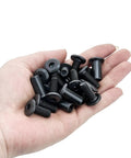 100 Pcs M8 X 20mm Black Barrel Nuts and Bolts in hand, showcasing carbon steel fasteners for mechanical projects.