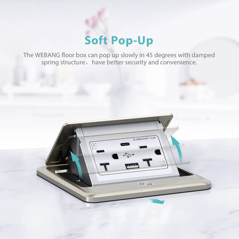 Pop Up Floor Outlet Box With 20 Amp Tamper Resistant Type A And Type C USB 5V 5A Receptacle Corrosion Resistant Hardware ETL Listed Brushed Nickel Finish Durable Floor Box Kit in open position on marble surface