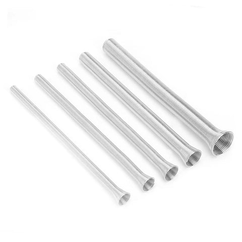 5 Piece Heavy Duty Pipe Bending Spring Tool Kit For Copper And Aluminum Tubes 21cm Flexible Bender for plumbing and electrical wiring DIY projects, showing five elastic steel tubes.