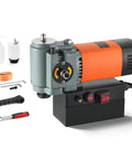 Rock Solid 1300W Portable Magnetic Drill Press With Integrated Cooling, Compact Low Profile Body, Beast Mode 10000N Base close-up view with accessories.