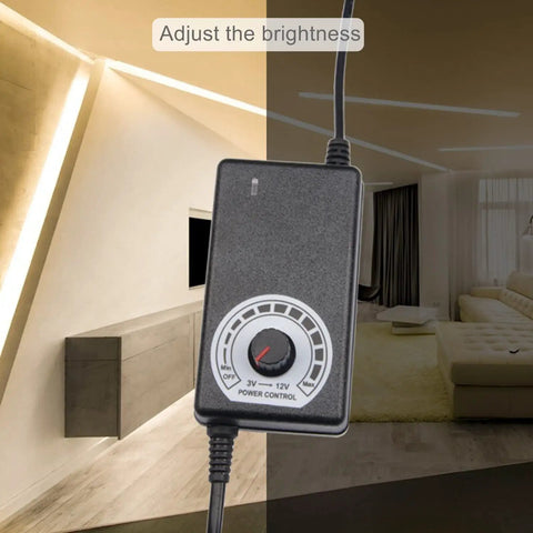 Plug And Play Adjustable Power Supply 100-240V AC To DC 3-12V 2A 24W Dimmer Transformer shown adjusting room lighting