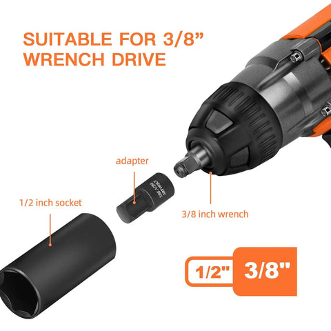 One Half Inch Drive Deep Impact Socket Set 10mm Through 24mm No Skipped Sizes with adapter for 3/8 inch wrench drive