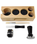 Top Tier Wood Coffee Tamper With Precision Powder Distributor Kit components including wooden base, tamper, brush and tools.