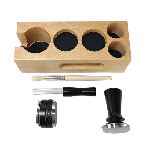 Top Tier Wood Coffee Tamper With Precision Powder Distributor Kit components including wooden base, tamper, brush and tools.