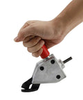 Hand holding Metal Nibbler Drill Attachment For 12V Electric Drills Turns Your Tool Into A Beast Power Shear, ergonomic handle visible