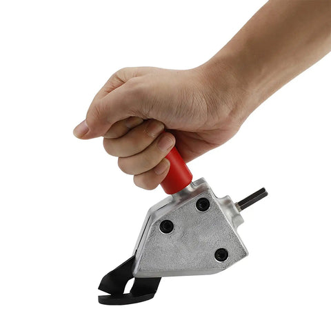 Electric Drill Attachment Metal Nibbler For Sheet Metal Turn Any Drill Into A Smooth Burr Free Cutter With No Sparks Ideal For Automotive Repair DIY Projects And Cutting Steel Or Iron Sheets, hand holding red handle