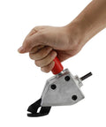 Hand holding the Heavy Duty Electric Drill Metal Nibbler Sheet Cutter Attachment for precise cutting of metal sheets.