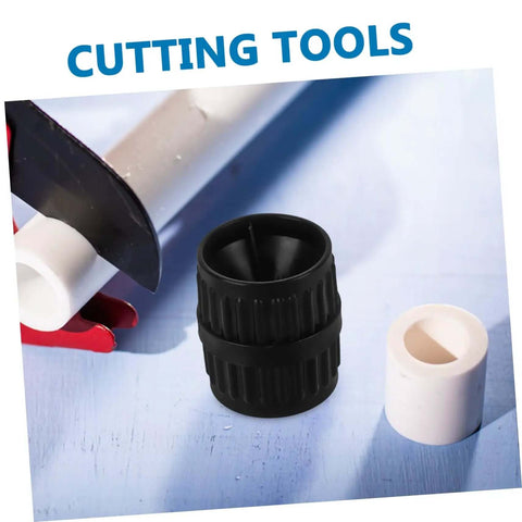 2 Pack Deburring Tool Inner And Outer Reamers For Water Pipes Portable Tubing Reamer shown with pipe and cutter