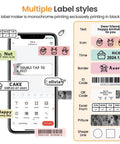 Bluetooth Mini Label Maker D30 Portable Thermal Printer With Rechargeable Battery 2026 Upgrade Version Ultra Compact Labeler For Home Office Or Classroom Works With Tablet Or Phone High DPI German Print Head For Sharp Clear Labels shown with multiple label styles and features on a smartphone display.