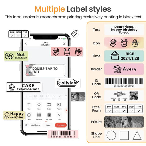 Bluetooth Mini Label Maker D30 Portable Thermal Printer With Rechargeable Battery 2026 Upgrade Version Ultra Compact Labeler For Home Office Or Classroom Works With Tablet Or Phone High DPI German Print Head For Sharp Clear Labels shown with multiple label styles and features on a smartphone display.