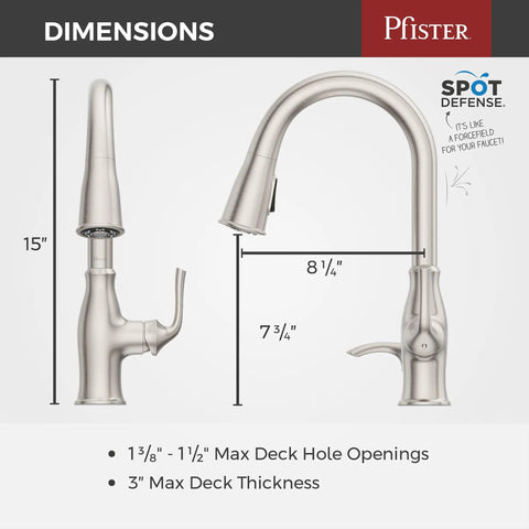 High Arc Kitchen Faucet With Pull Down Sprayer And Soap Dispenser, Spot Defense Stainless Finish showing dimensions