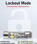 Aurora A8 4th Gen USB C Keychain Flashlight showing internal components and lockout mode feature
