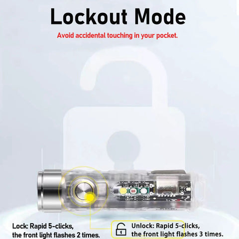 Aurora A8 4th Gen USB C Keychain Flashlight showing internal components and lockout mode feature