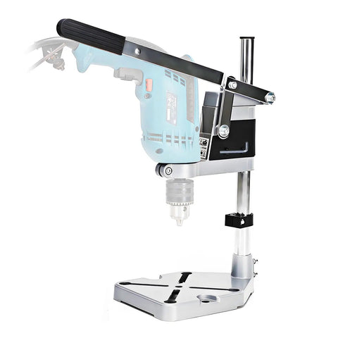 Portable Drill Press Stand For Hand Drills Adjustable Benchtop Clamp with Aluminum Base shown with attached hand drill