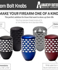 Acorn bolt knobs in various colors including black, blue, silver, and red, displayed with textured grips and titanium material.