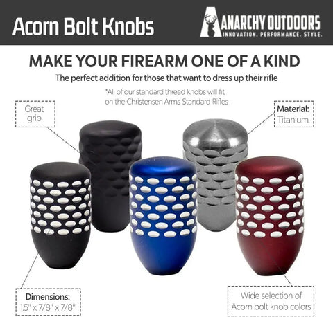 Acorn bolt knobs in various colors including black, blue, silver, and red, displayed with textured grips and titanium material.