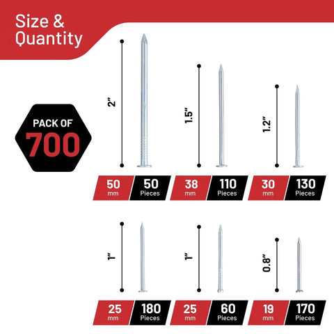 Nails Assortment Kit With 700 Pieces Of Galvanized High Carbon Steel Finish Nails For Hanging Pictures And Wall Art Decor shown by size