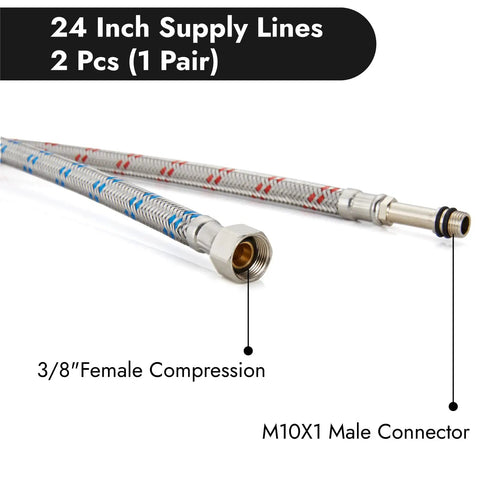Hassle Free 24 Inch Braided Sink Hose And Faucet Supply Lines With 3/8 Female To M10 Male Connectors, showing female compression and male connector.