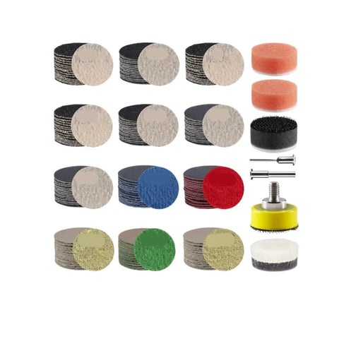 Super Fast 188 Piece Hook and Loop Sanding Discs Set With Grit From 60 To 10000 For Wet Or Dry Use On Auto Wood And Metal Plus Vent Holes That Keep Dust Down arranged neatly showing various grit types and sizes.