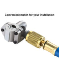 BPV31 piercing tap valve kit with brass knurled connector and blue hose, side view