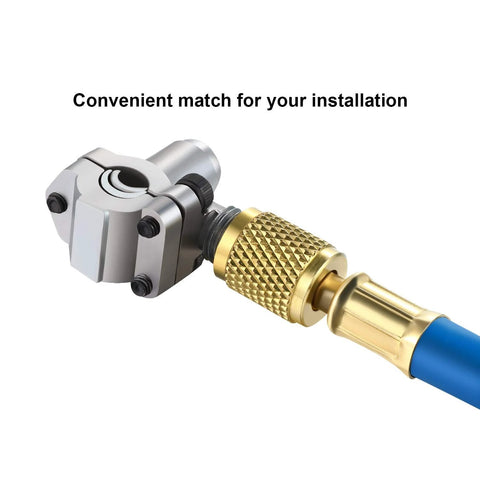 BPV31 piercing tap valve kit with brass knurled connector and blue hose, side view