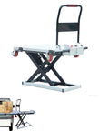 Heavy Duty Foldable Hydraulic Lift Table With 660 Lb Electric Scissor Cart raised, lockable wheels, and handle for material lifting.