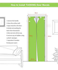 Installation guide for Peel And Stick Vinyl Door Decals Set Of 2 Sheets For Full Door Coverage, shown on a green door illustration.
