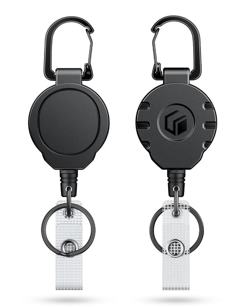 Front and back view of Heavy Duty Retractable Keychain With Carabiner Badge Reel For ID Holder Up To 8 Oz Pro Grade Stainless Steel Spring Coil