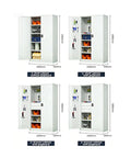 Heavy Gauge Steel Tool Cabinet Featuring Lockable Rollout Drawers Adjustable Interior Shelves Built Like A Tank Pivoting Caster Wheels Pro Grade Garage Workshop Organizer in four configurations.