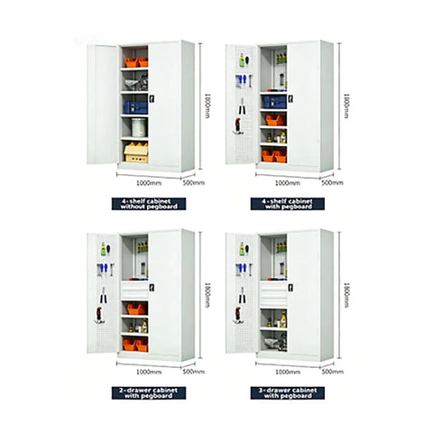 Heavy Gauge Steel Tool Cabinet Featuring Lockable Rollout Drawers Adjustable Interior Shelves Built Like A Tank Pivoting Caster Wheels Pro Grade Garage Workshop Organizer in four configurations.